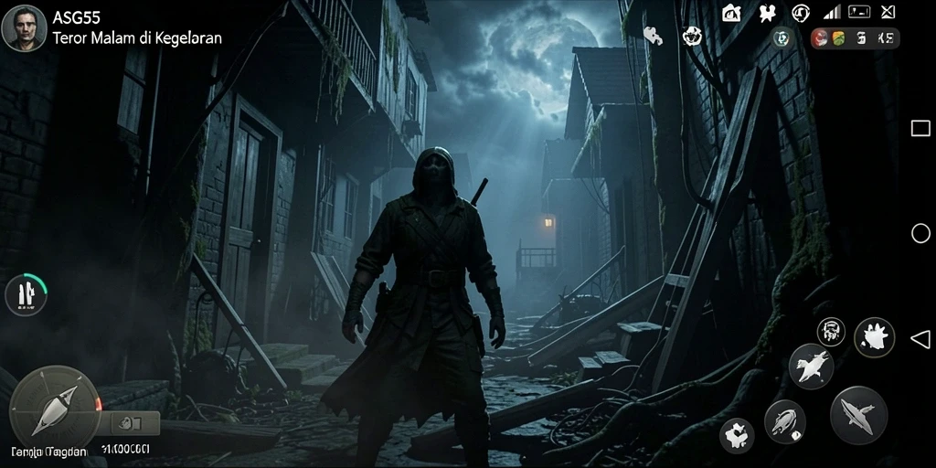Tampilan gameplay ASG55 dengan suasana gelap dan mencekam.