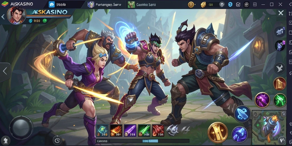 Screenshot gameplay <strong>ASKASINO</strong> yang menunjukkan pertarungan epik antara tim.