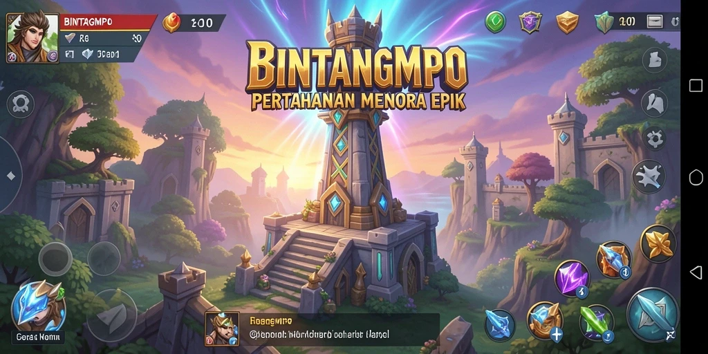 Tampilan gameplay BINTANGMPO dengan serangan menara melawan gelombang musuh.