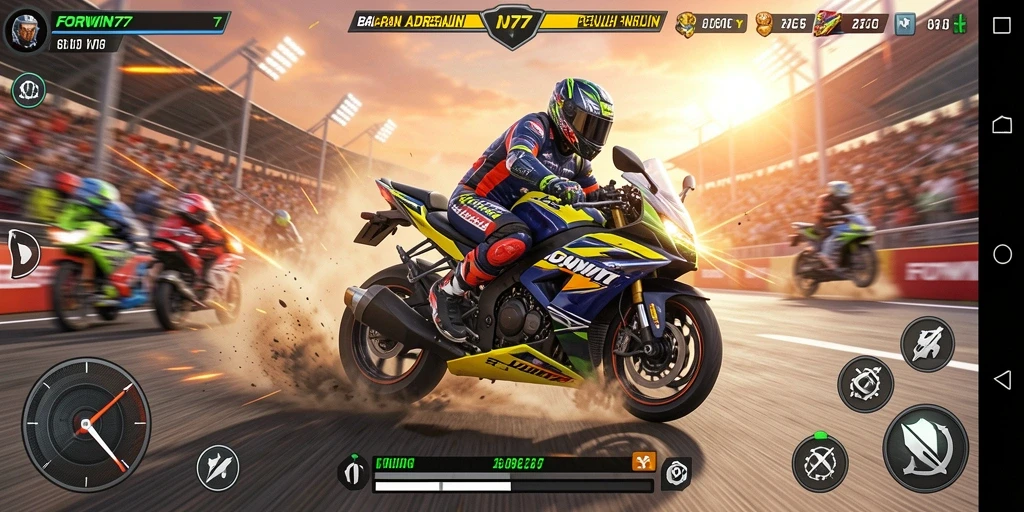 Tampilan gameplay yang mendebarkan dari FORWIN77 dengan balap motor.
