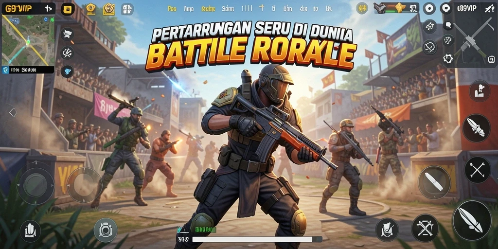 Tangkapan layar G9VIP menampilkan aksi intens Battle Royale dengan grafis menakjubkan.