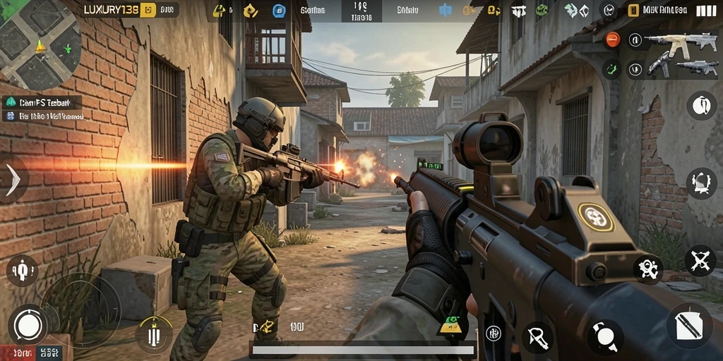 Tangkapan layar LUXURY138 menampilkan aksi tembak-menembak yang epik dalam game FPS.