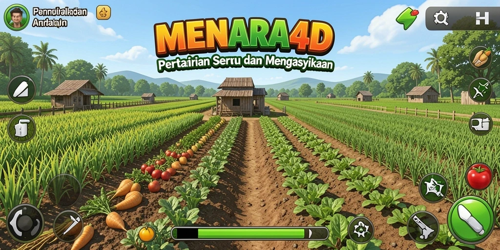Tampilan gameplay MENARA4D dengan ladang yang subur dan hewan ternak.
