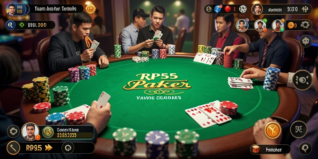 Screenshot menunjukkan aksi bermain poker yang mendebarkan di RP55.