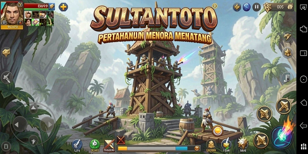 Tampilan gameplay SULTANTOTO dengan menara dan musuh yang menarik.